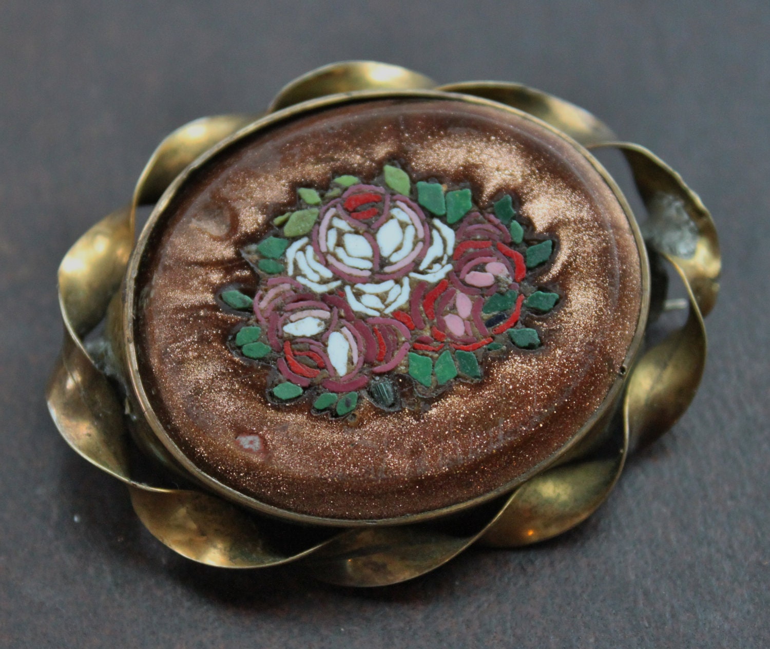Large Victorian Aventurine Goldstone Pietra Dura Micro Mosaic Brooch