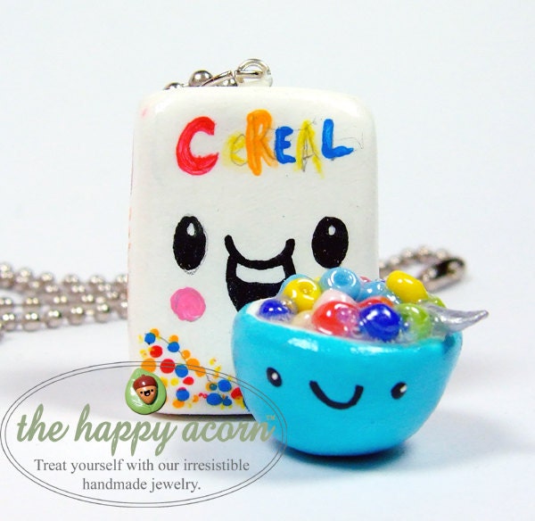 Kawaii Necklace HAPPY CEREAL and BOWL - Polymer Clay Charm Miniature Food Jewelry - Handmade by The Happy Acorn
