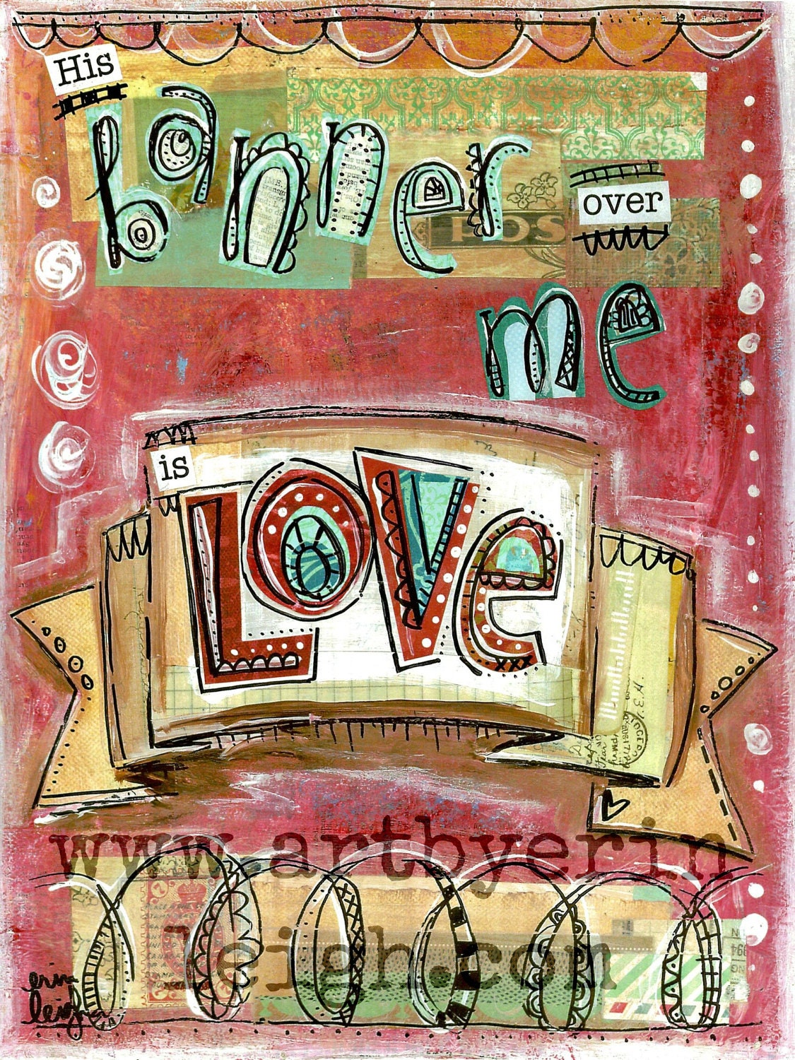 Kids Scripture Art, Sunday School Songs: His Banner Over me Is Love, 8 x 10 Fine Art Print, Mixed Media Collage