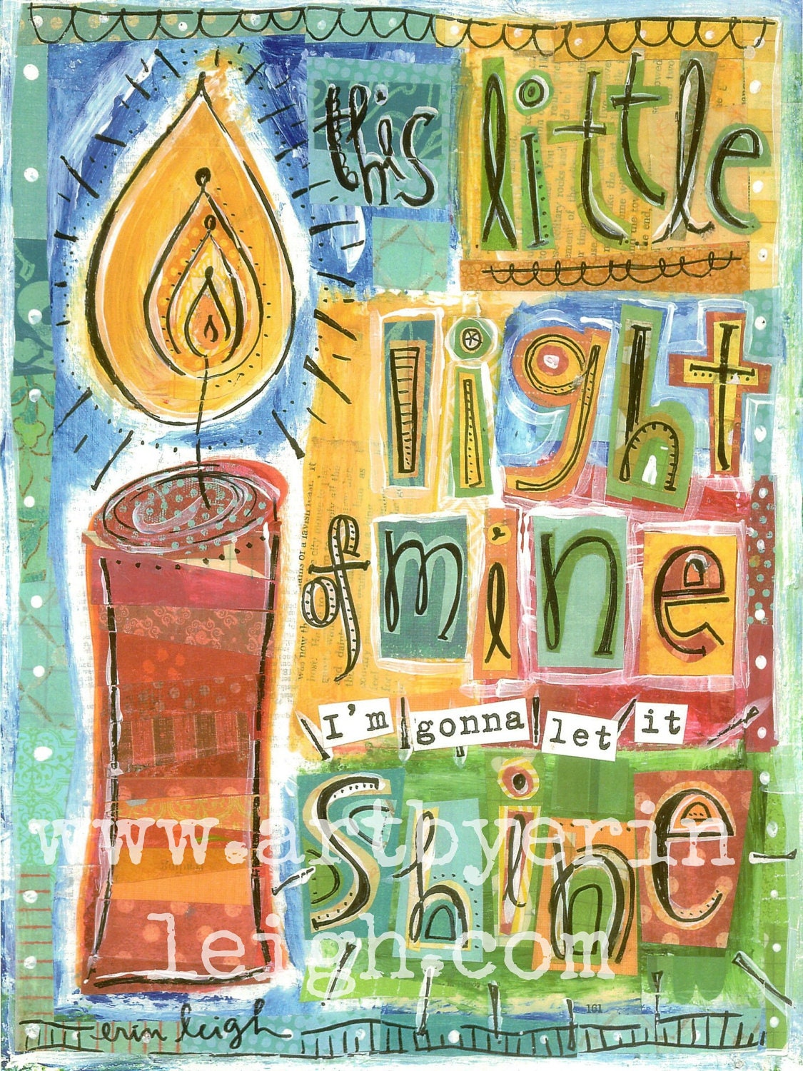 Kids Scripture Art, Sunday School Songs: This Little Light of Mine, 8 x 10 Fine Art Print, Mixed Media Collage