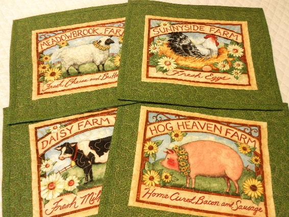 Quilt Mug Rugs, Snack Mats Country Farm Animals - Cow, Pig, Sheep, Chicken