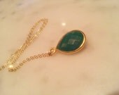 Green Emerald Pear Shaped Pendant Necklace Bezel Set in 22kt Gold Vermeil