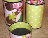 Pencil Cups Pink Chartreuse and Brown Floral and Polka Dot Pencil Holder Desk Accessory Set No. 203