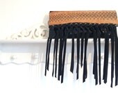 Black Patent leather clutch bag with snakeskin panel and suede fringing