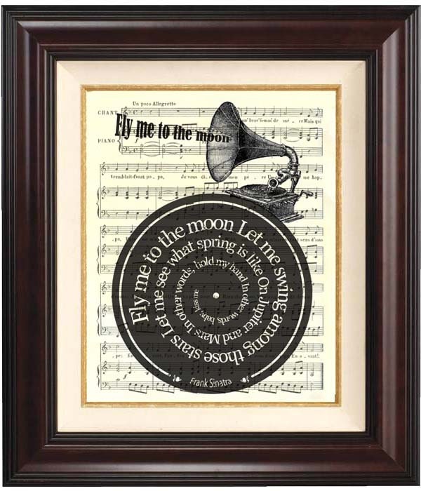 Frank Sinatra Fly Me To The Moon song lyric Art Print on old french music sheet