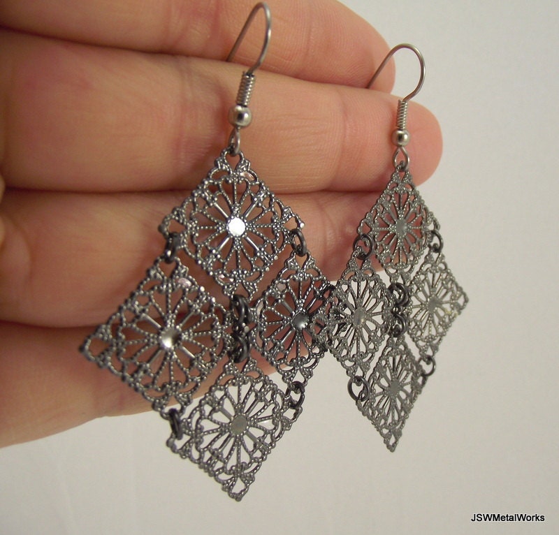 Medium Gunmetal Chandelier Earrings, Statement Gunmetal Earrings