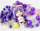 Lucky Star Necklace, Tsukasa Figure Pendant, Beaded Purple Chain in Silver - Anime, Kawaii Jewelry