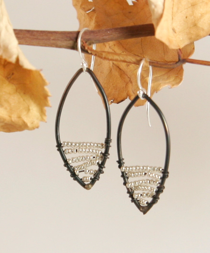 Black Steel Leaf Dangle Earrings with Silver