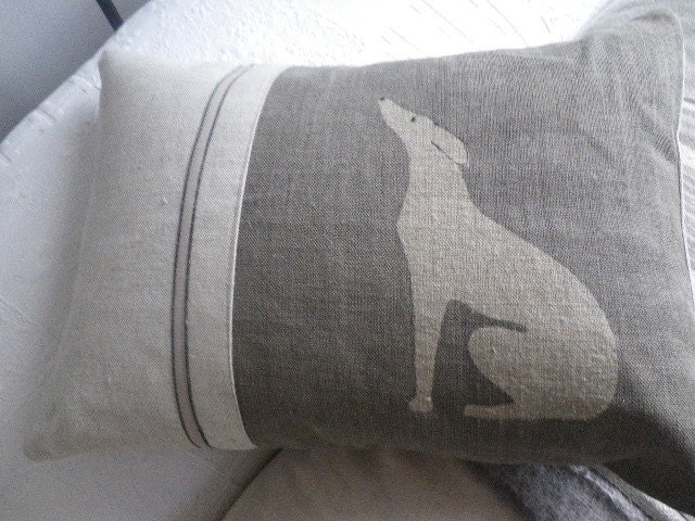 hand printed grey loom state linen whippet/grey hound cushion