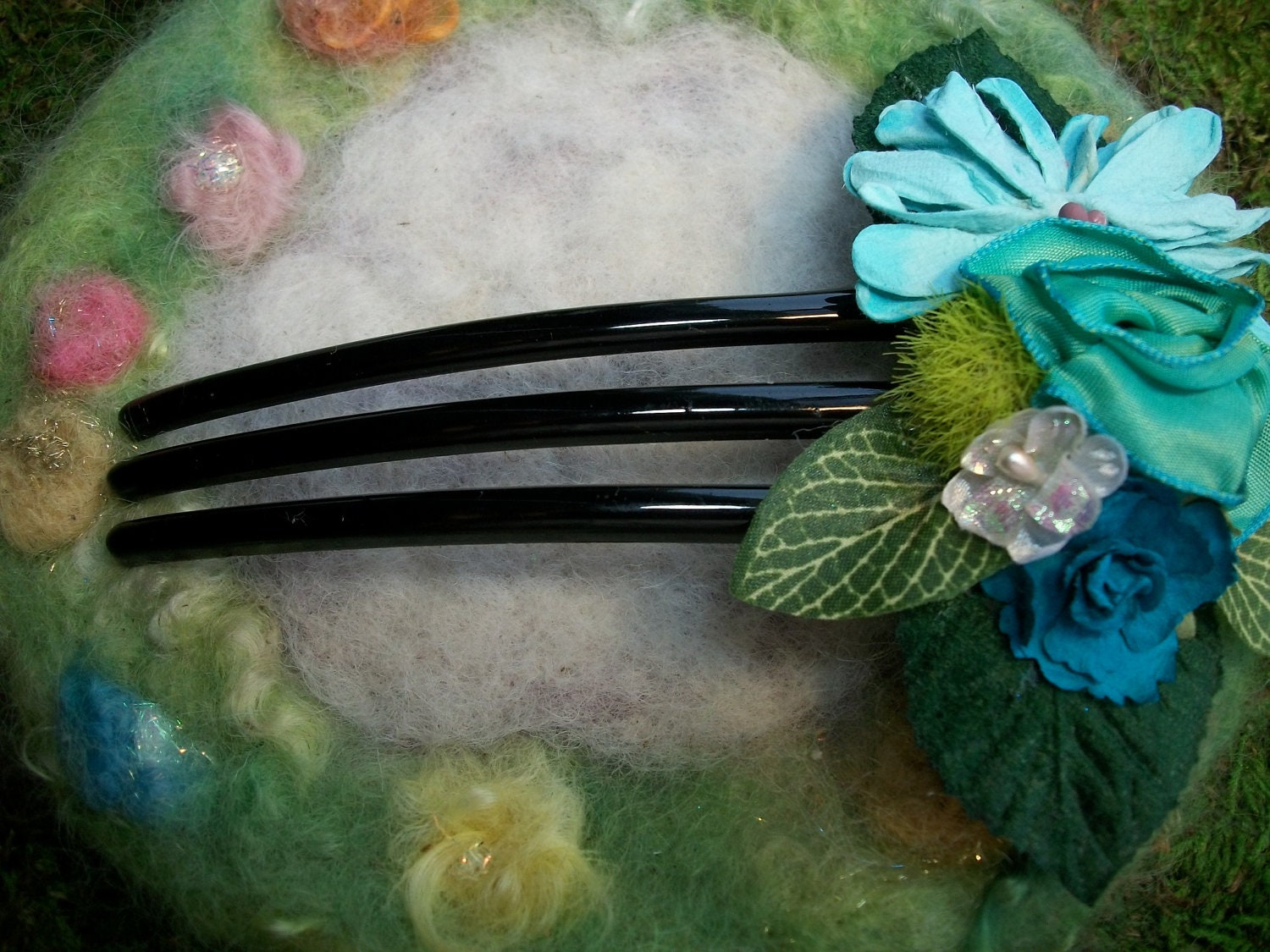 Hair Comb, Large, with Ocean Blue Flowers