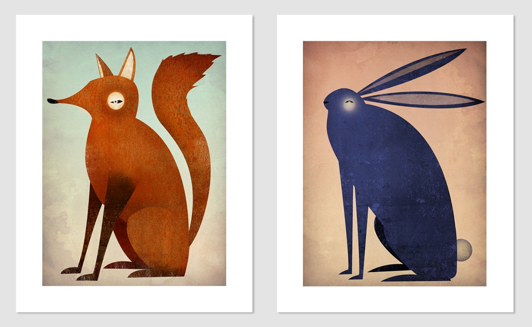Folklore Fox and Indigo Rabbit Graphic Art Illustration 9x12 giclee prints Signed