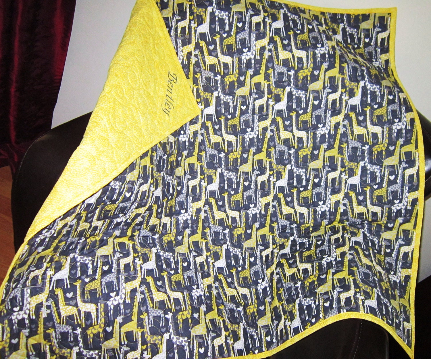 Baby Quilt Personalized Giraffe Baby Bedding Baby Nursery  Yellow and Grey  Modern Baby Blanket Children Decor Toddle Quilt Crib Blanket