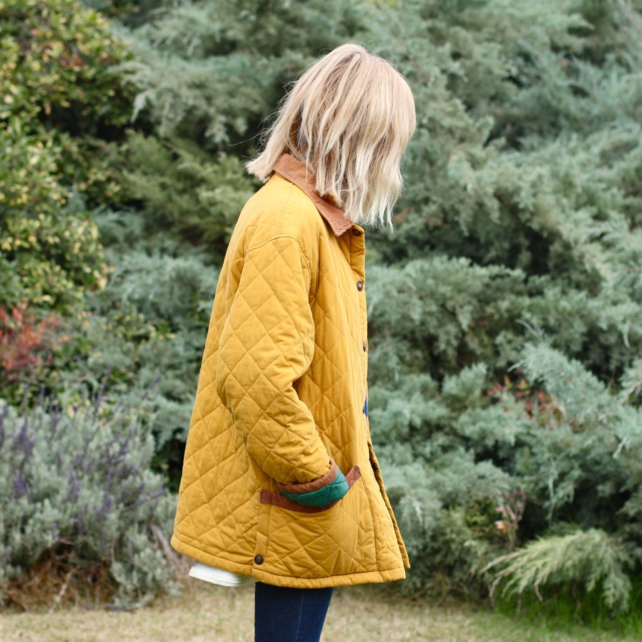 Mustard Quilted Snap Coat with Contrast Corduroy Collar - M/L