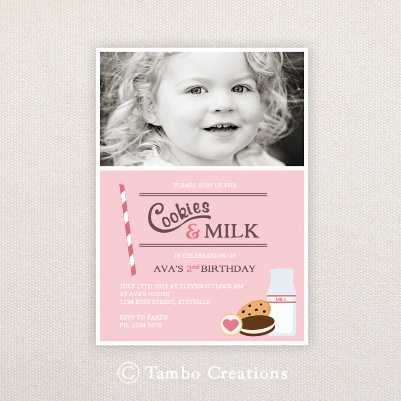 Girls Birthday Party Invitations. Milk and Cookies. I Customize, You Print. Il_170x135