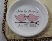 CUSTOM Ceramic Ring Holder - Love Birds - Your Names and Wedding Date -  and your color choice