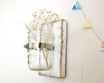 French cottage Shabby Chic wood wall single vase mason jar cottage chic -- WHITE