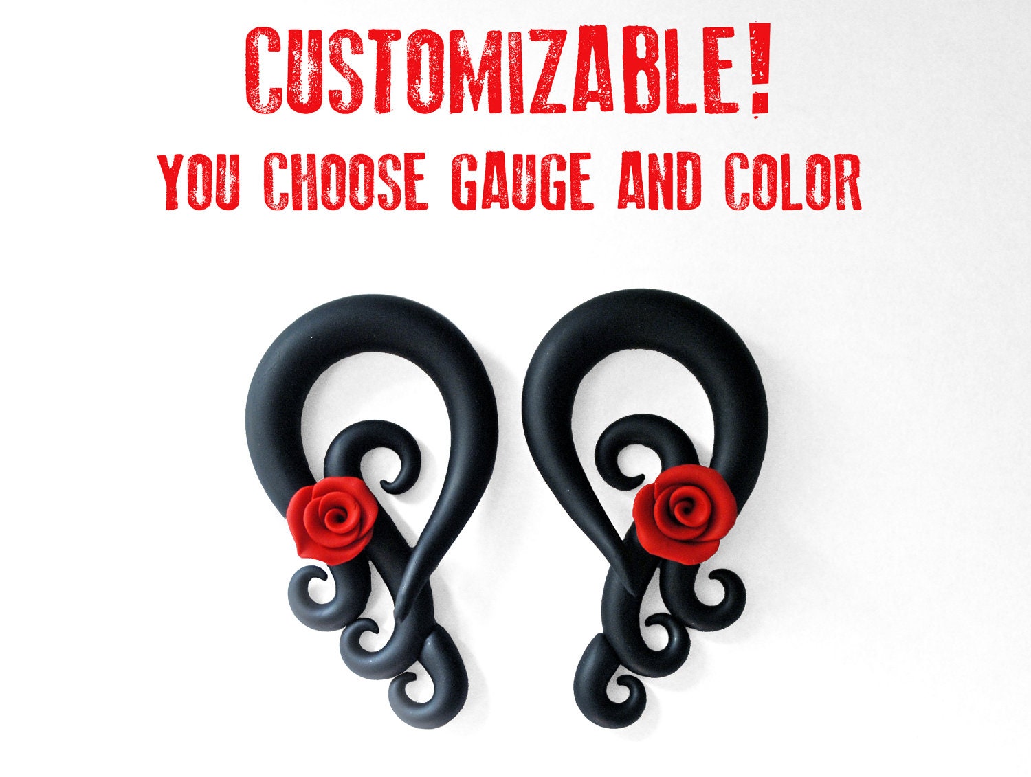 Black Lace and Roses Gauged Earrings 4g, 2g, 0g, 00g, 7/16", 1/2"