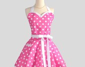 Sweetheart Retro Apron - Sexy Womens Apron Hot Pink and White Polka Dot Cute Full Kitchen Apron