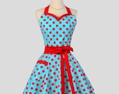 Sweetheart Retro Apron - Handmade Sexy Flirty Womens Apron in Teal and Red Pin-up Dots Full Kitchen Apron