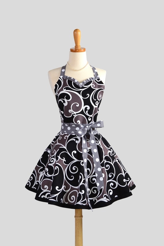 Sweetheart Retro Apron , Sexy Kitchen Apron in Michael Miller Surf Collection Grey Black and White