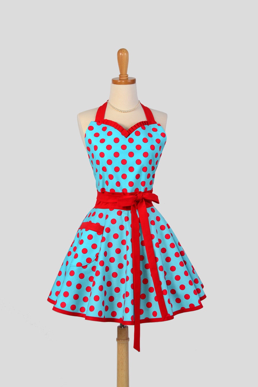 Sweetheart Retro Apron - Handmade Sexy Flirty Womens Apron in Teal and Red Pin-up Dots Full Kitchen Apron