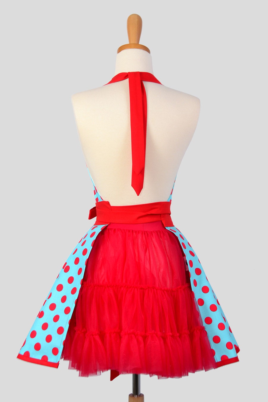 Sweetheart Retro Apron - Handmade Sexy Flirty Womens Apron in Teal and Red Pin-up Dots Full Kitchen Apron