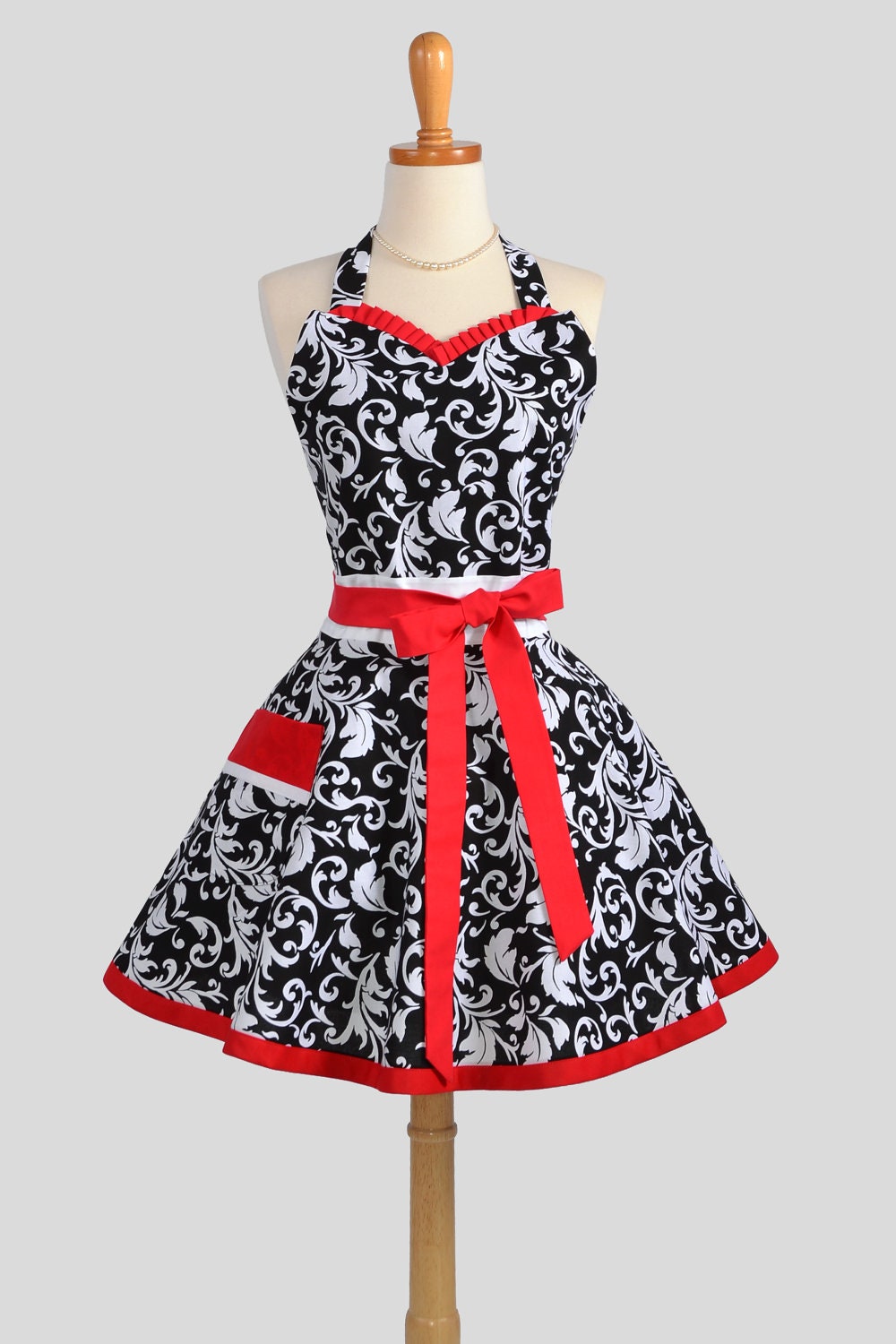 Womens Flirty Sweetheart Apron : Retro Ruffles in Sexy Damask with Cherry Red and White Accents