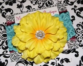 SALE- Big Yellow Rhinestone Center Flower With an Interchangeable wide Turqouise Lace Elastic Headband- Newborn- Infant- Toddler- Photo Pro