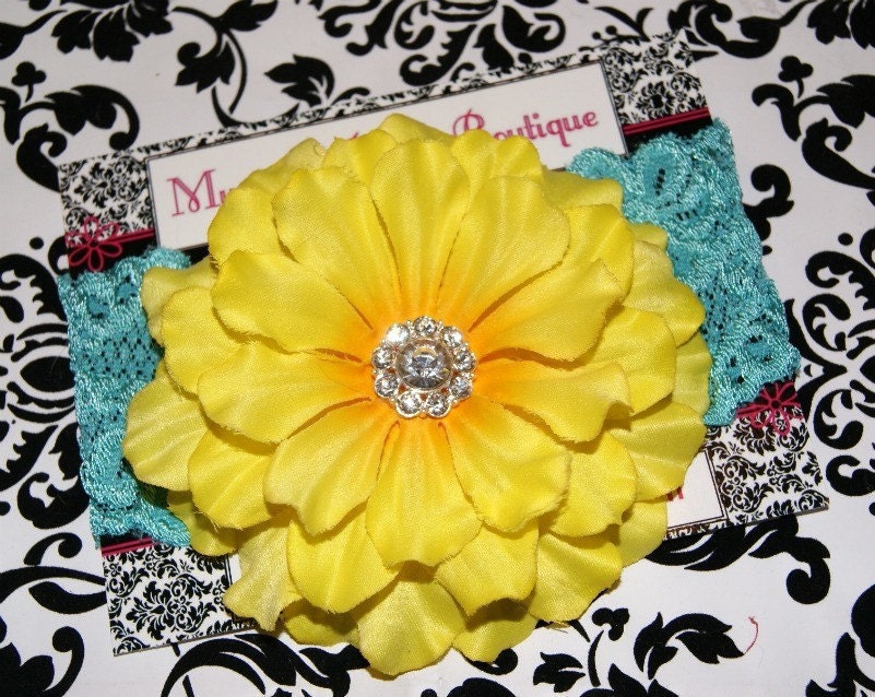 SALE- Big Yellow Rhinestone Center Flower With an Interchangeable wide Turqouise Lace Elastic Headband- Newborn- Infant- Toddler- Photo Pro