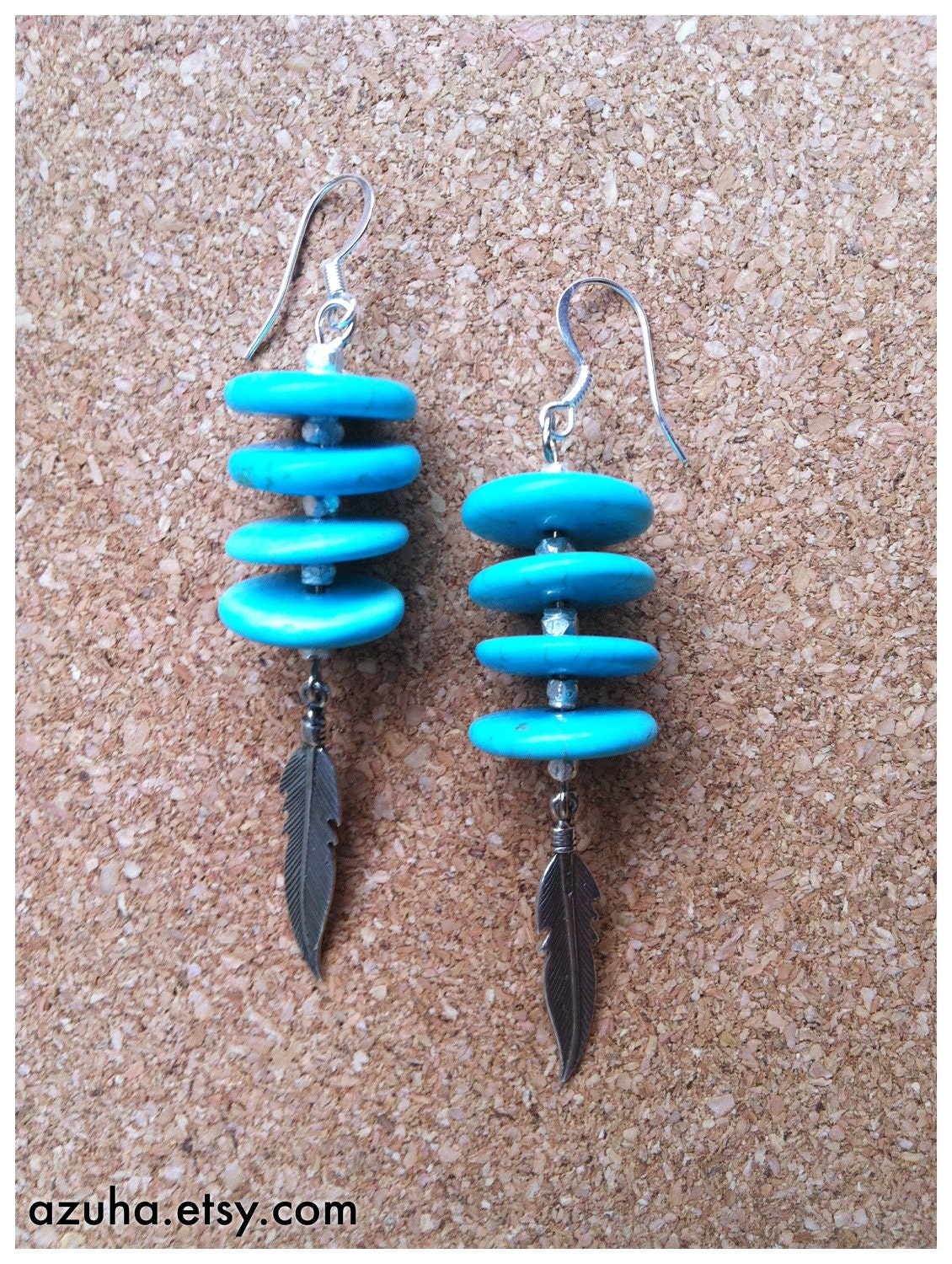 APONI... turquoise semi precious stone & sterling silver feathers... earrings