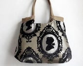 Handbag with Cameo ,taupe weekender hobo bag with burlap