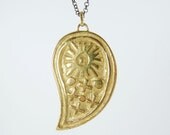 Long Paisley Gold Necklace - Sun and cross amulet, gold medallion, long layering necklace