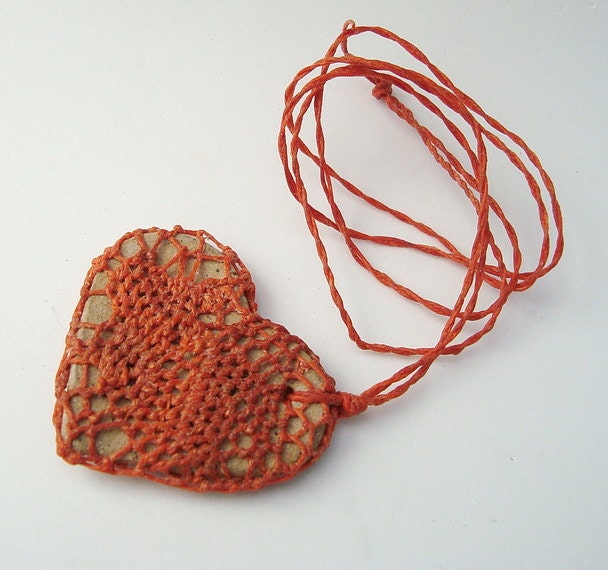 i carry your heart with me, Lace and Pottery Necklace, Burnt Orange