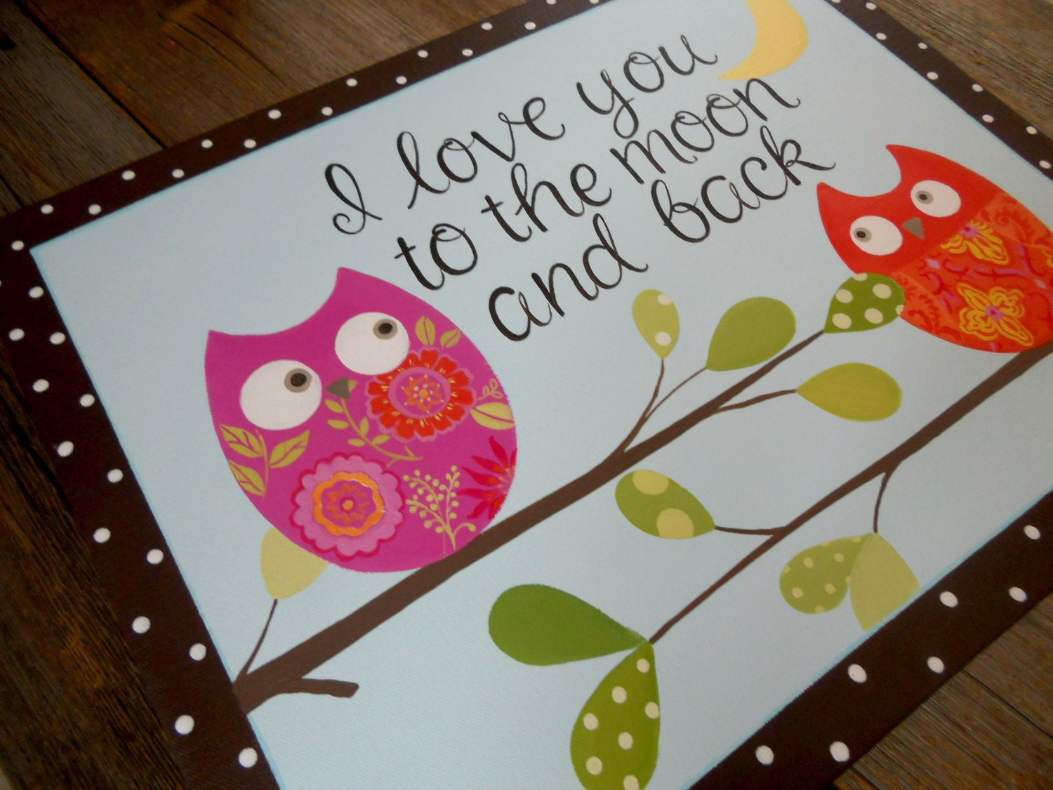 love you to the moon, posh large damask owl, hand painted 16x20 stretched canvas