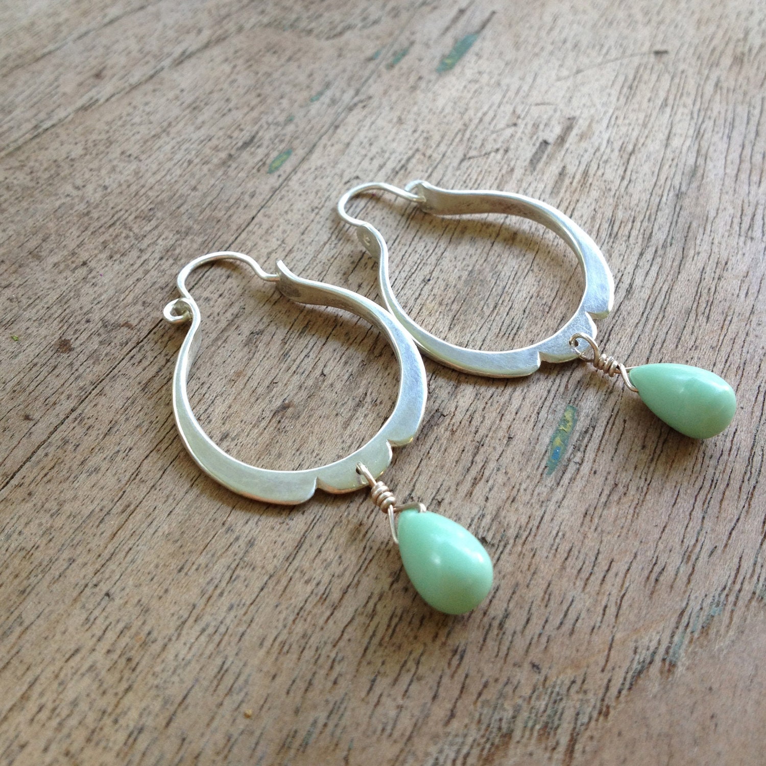 sterling silver petal hoops with variscite drops