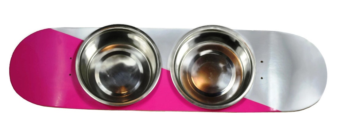 Raised Dog Feeder / Pet Feeder - Two Tone Pink and Silver pet feeder made out of a Skateboard Deck