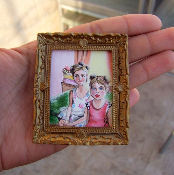 Tiny Original Acrylic Painting "Two sisters" for Dollhouse or Collection by VaKaDi