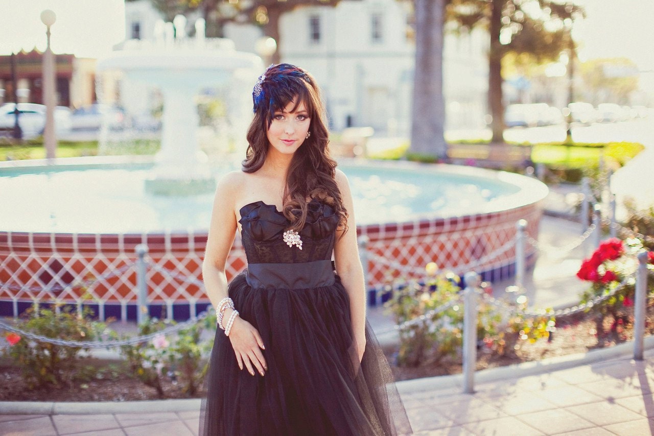 Black Satin Ruffled Lace Bustier Top with Rhinestone Brooch MADE TO ORDER