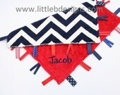 Navy Blue and Ivroy Chevron Minky with Red Tag Blanket  Ribbon Lovey - Personalized