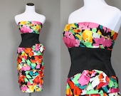 Vintage 80s Dress 1980s Cocktail Party Strapless Floral Summer Dress Tiered Ruffles Small