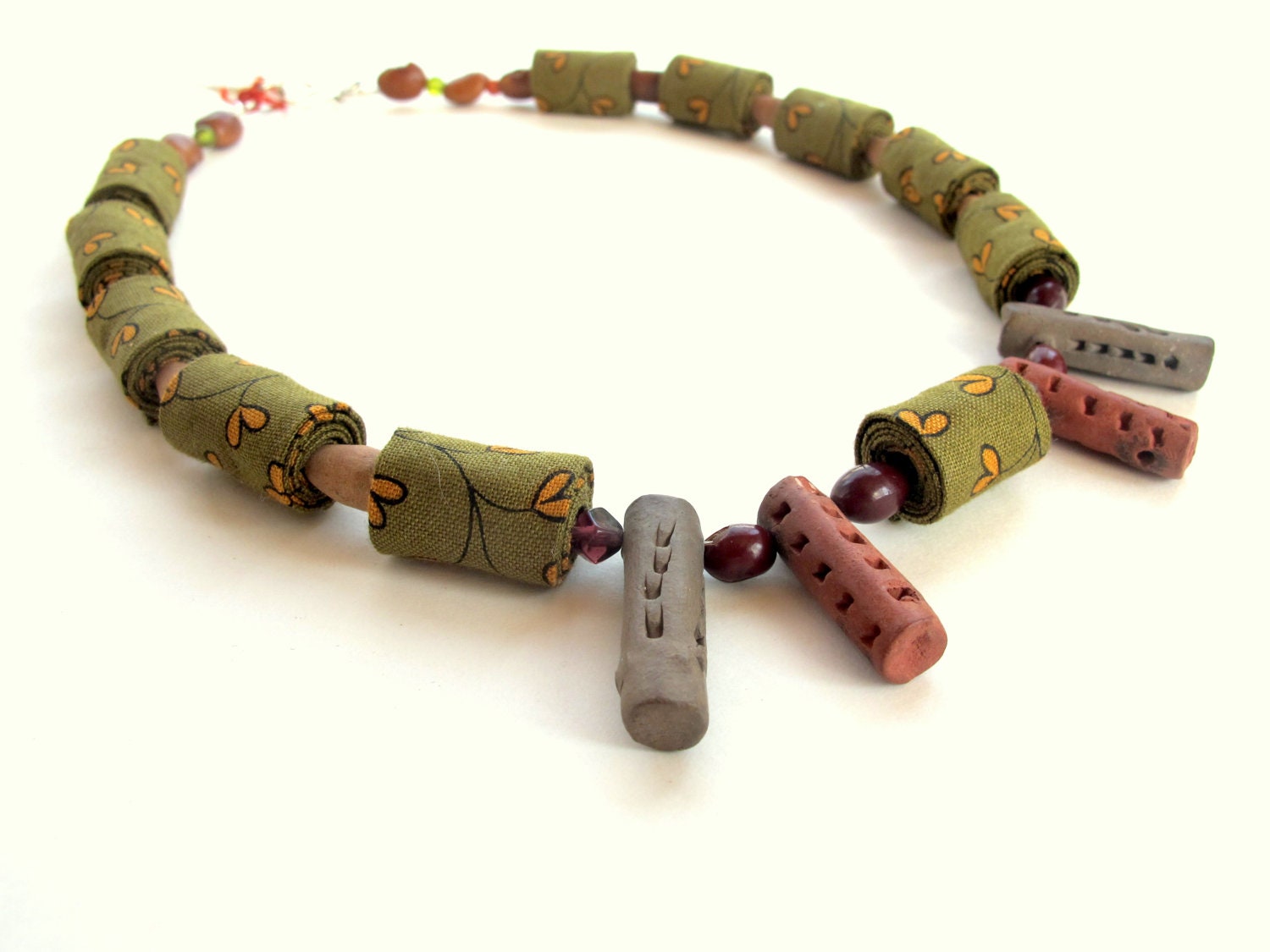 Olive green harvest clay and fiber necklace
