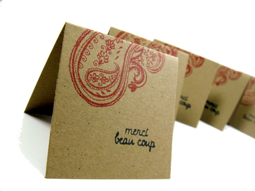 Merci Beau Coup Thank You Kraft Mini Cards with Paisley - 2x2 - Set of 10 - Great for Wedding, Gift, Favors, Birthdays and more