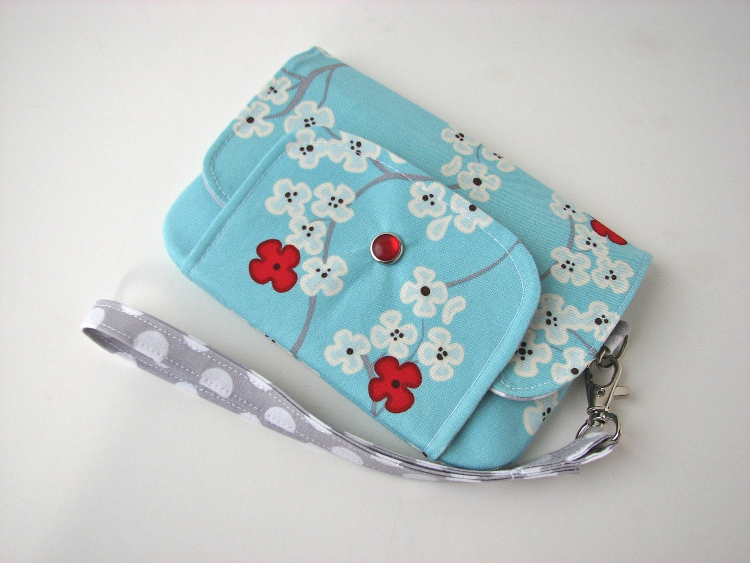 LAST ONE iPhone Wristlet, iPhone wallet in Cherry Blossoms on Aqua blue -  made to order