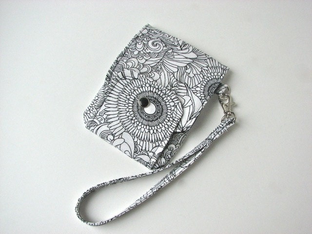 iPhone Wristlet, iPhone wallet in Black and White Floral Linen - ready to ship