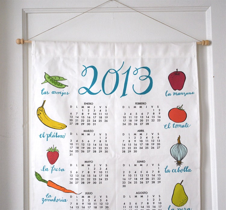 SALE - 2013 calendar - frutas y verduras - tea towel calendar - kitchen calendar