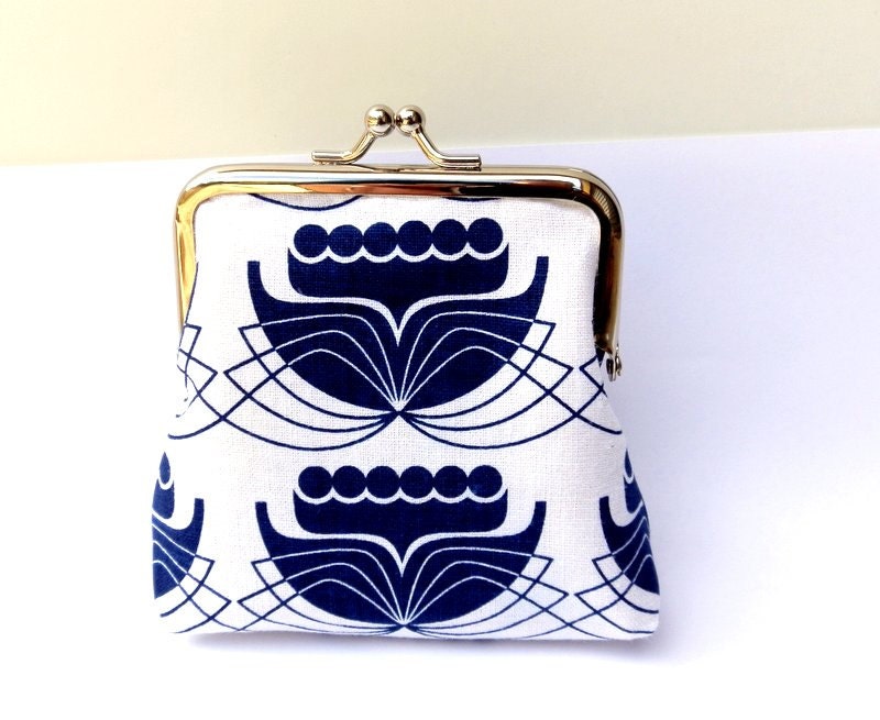Blue and white Lily large coin purse fits credit cards flowers woodland hand screen print