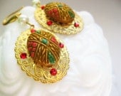 Harvest Gold, Green, and Red Regal Earrings - Vintage Red, Gold, and Green Glass Filigree Earrings