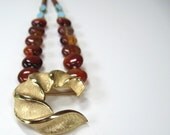 Bohemian Crescent Moon Beaded Necklace - with red agate and blue turquoise beads