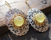 Lemon Gumdrop Dangle Earrings - Vintage Light Yellow Glass and Silver Filigree Dangle Earrings