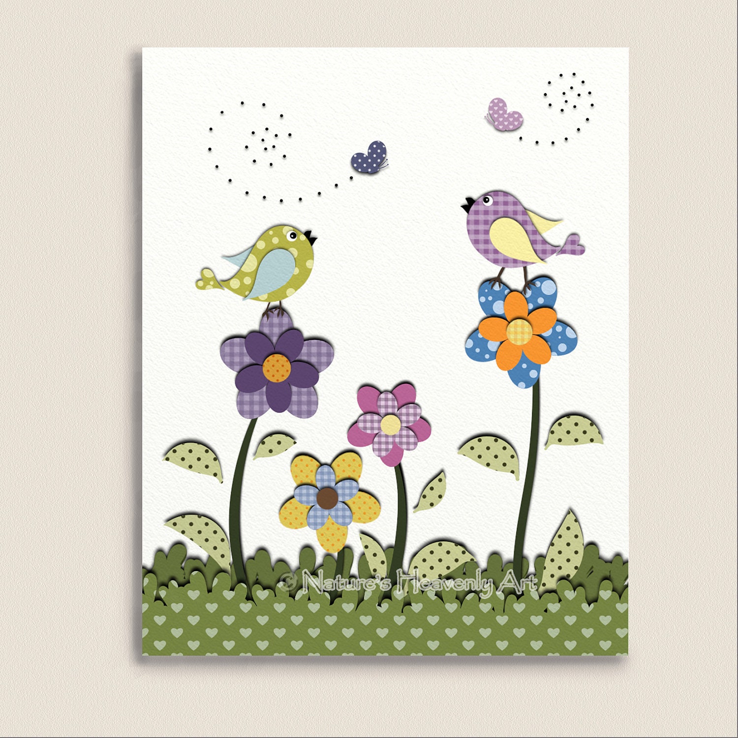 Butterfly Flower Garden Girls Print, Collage Art, 8 x 10 Colorful Childrens Wall Decor, Nursery Print, Whimsical Bird Art